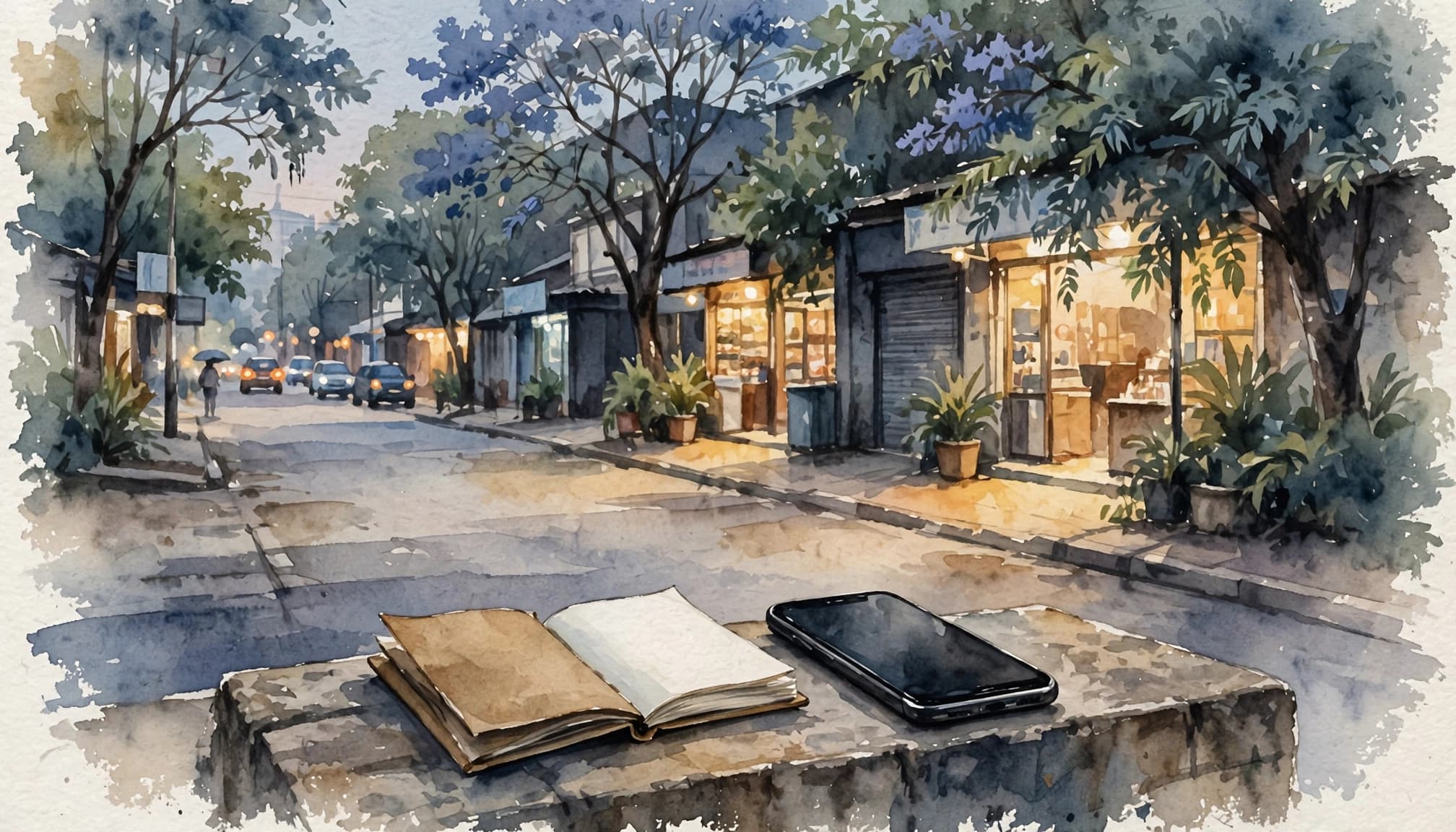 A phone and notebook rest beside a leafy Nairobi street at dusk.